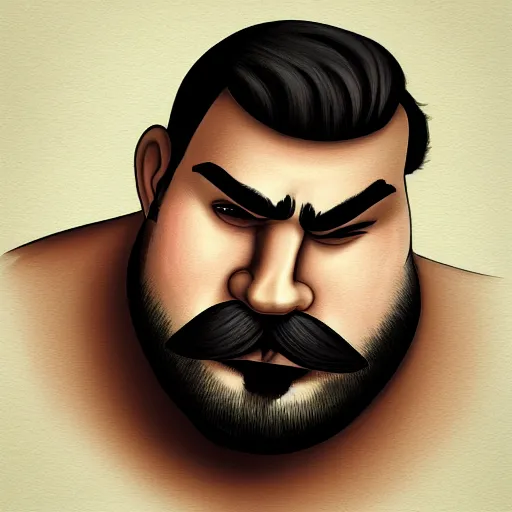 Image similar to face portrait a big beefy man with a large face, thick dark hair, a bushy black moustache, no beard, with hardly any neck and mean little eyes, highly detailed, digital art, sharp focus, trending on art station, drawing