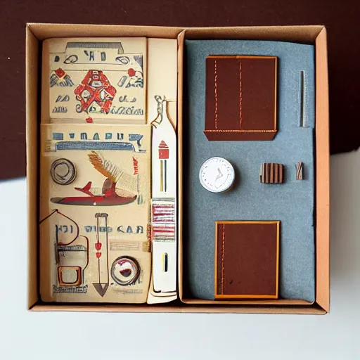 Prompt: vintage craft paper gift box for men, old school, wes anderson style