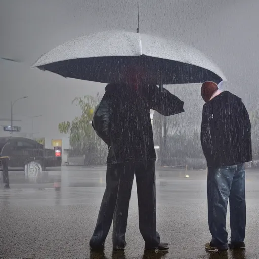 Prompt: 3 men stand in the rain