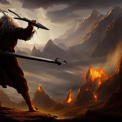 Image similar to Gandalf fighting a Balrog, beautiful landscape, dramatic lighting, cinematic, establishing shot, extremly high detail, photorealistic, cinematic lighting, post processed, concept art, artstation, matte painting, style by greg rutkowsky