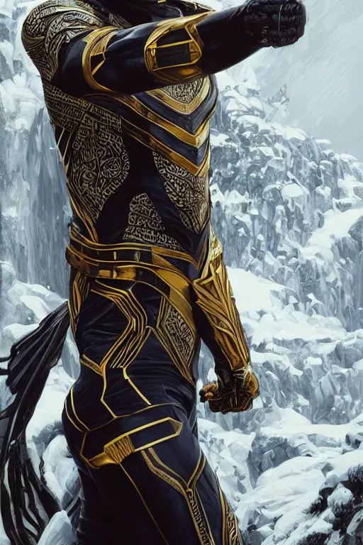 Prompt: ultra realistic illustration, wakandan warrior in white and gold suit standing in a heroic pose in the snowy mountain, hacknaut cyberpunk, sci - fi, fantasy, intricate, elegant, highly detailed, digital painting, artstation, concept art, smooth, sharp focus, illustration, art by artgerm and greg rutkowski and alphonse mucha