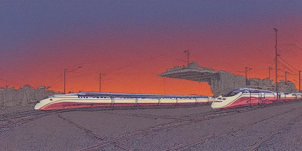 Image similar to weird west futuristic bullet train into the sunset, desaturated delicate illustration by moebius jean giraud