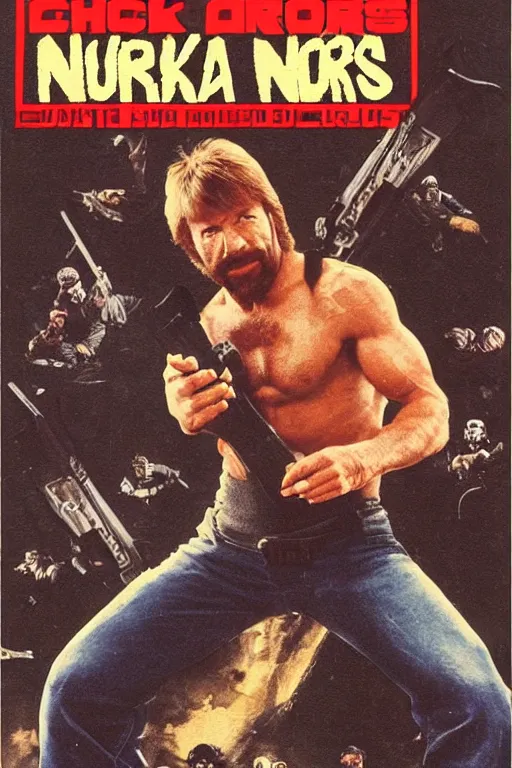 Image similar to chuck norris 1 9 8 0 s vhs tape cover ninja commando, atmospheric, realism, action, grimy, kung fu arena, highly detailed, high octane render, hd, 3 ninjas on jetskis, in the style of enzo sciotti