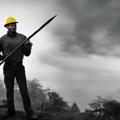 Image similar to cinematic art of a man wearing a crown jewel at a construction site and a leader of the team he is holding a spear. cinematic photograph, atmospheric, foggy, majestic, epic