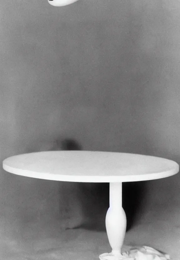 Image similar to a white object with writing on it sitting on a table, a surrealist sculpture by marcel duchamp, archival pigment print, 1 9 1 4, conceptual art, artwork, academic art, surrealist