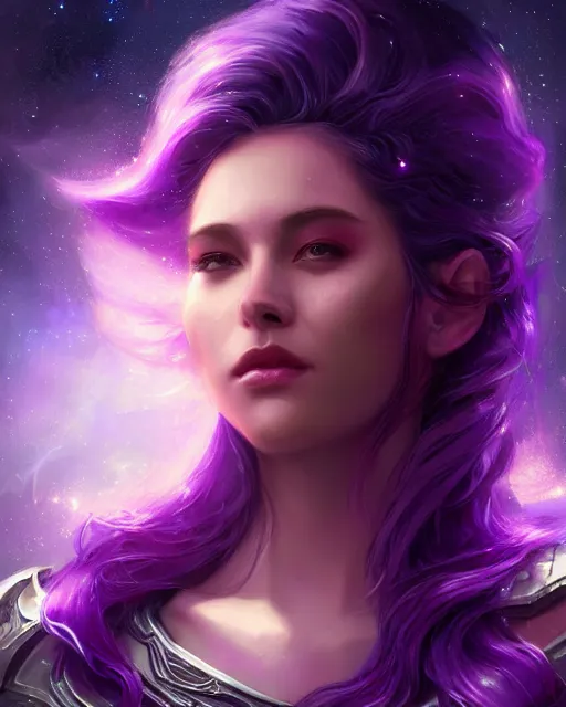 Image similar to epic portrait cinematic shot the galaxy goddess, flowing purple glittery hair, glowing purple eyes, an space robes, space backround, fine details. night setting. realistic shaded lighting poster by craig mullism, artgerm, jeremy lipkin and michael garmash, unreal engine, radiant light, detailed and intricate environment, digital art, trending on art station,