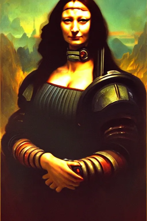 Image similar to character portrait cyberpunk starcraft terran warhammer 4 0 k space marine commmissar ( ( ( ( ( ( ( ( totally definitely not negative no not mona lisa inspired ) ) ) ) ) ) ), character design, painting by gaston bussiere, katsuya terada, frank frazetta, tom of finland, trending on artstation