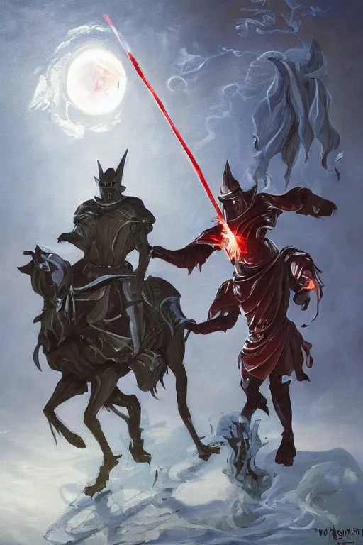 Prompt: a very elegant oil painting of a ghostly looking knight and a magical wizard made of magic slime combination, using magic, magic leaking out of them, smooth painting, medieval armor, custom armor design, pointy, the red glows coming through the knight helmet, paint smears, digital art, character design, d & d character, heavy shading, by vasnetsov
