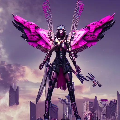 Image similar to cyberpunk valkyrie with wings flying over a city, cyberpunk future, pink flowers scattered around, metal, armor, pink details, high detail, tarot card detailing, ornate,