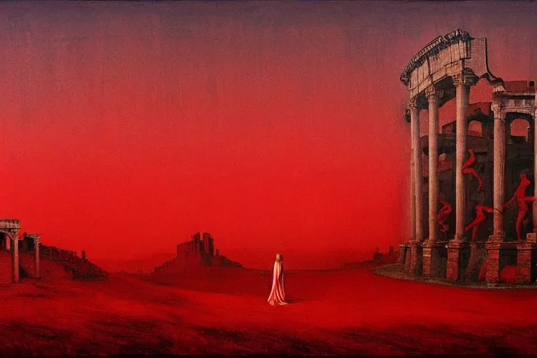 Image similar to only with red, caesar after war, the deal, a red tiger, in hoc signo vinces, rome in background, an ancient path, in the style of beksinski, part by hopper, part by rodcenko, part by hofbauer, intricate composition, red by caravaggio, insanely quality, highly detailed, masterpiece, red light, artstation