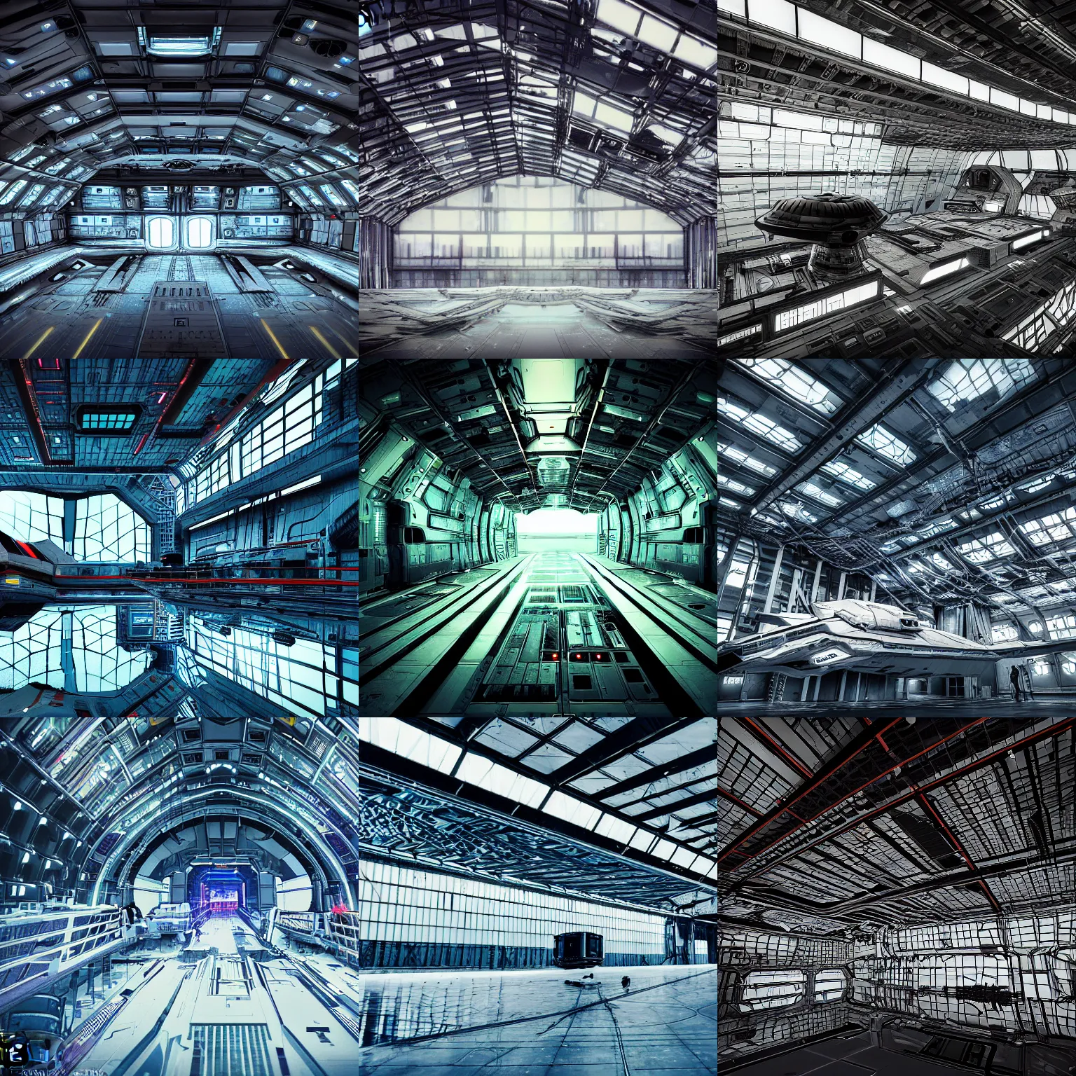 Prompt: photograph, highly detailed cyberpunk Spaceship hangar, ships coming and going