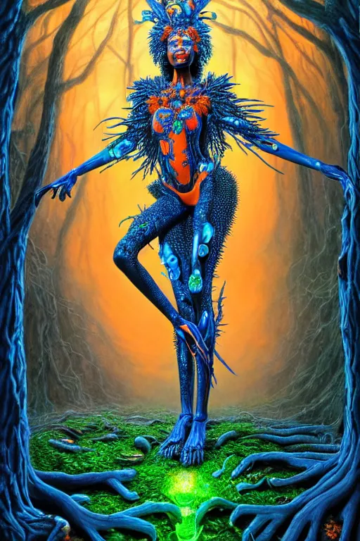 Prompt: hyperrealistic post-maximalist super expressive! black woman with exoskeleton armor, merging with tree in a forest, highly detailed digital art masterpiece smooth cam de leon hannah yata dramatic pearlescent blue orange light ground angle hd 8k sharp focus