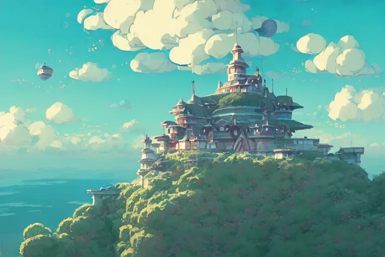 Image similar to retro - futurism anime castle on a mountain in clouds with lots of details look from above rule of thirds golden ratio, fake detail, trending pixiv fanbox, acrylic palette knife, style of makoto shinkai studio ghibli genshin impact james gilleard greg rutkowski chiho aoshima