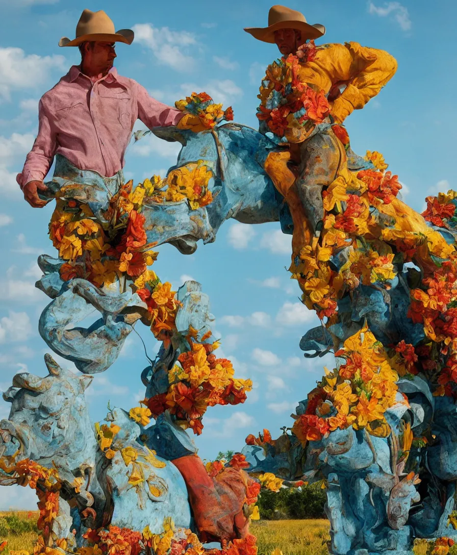 Image similar to a cowboy turning into blooms by slim aarons, by zhang kechun, by lynda benglis. tropical sea slugs, angular sharp tractor tires. complementary bold colors. portait of a manly cowboy. warm soft volumetric dramatic light. national geographic. 8 k, rendered in octane, smooth gradients. angular sculpture by antonio canova by gian lorenzo bernini.