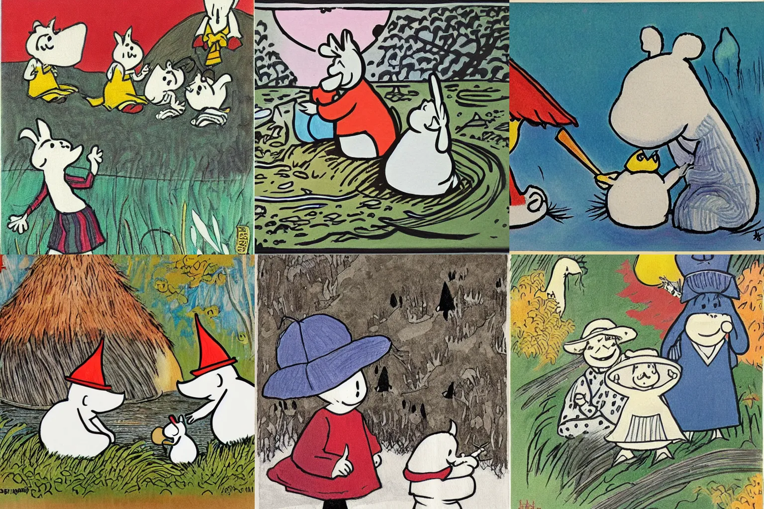 Prompt: moomins by h. r ginger, traditional art