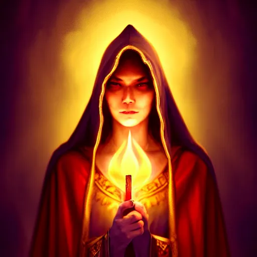 Image similar to ( a priestess with a hood that covers half her face carries an incense burner that emits a pleasantly colored flame. ) by anato finnstark, photorealistic, fullbody portrait, dynamic lighting, beautiful, trending on artstation, wallpaper, 4 k, award winning, digital art, golden hues, firm line