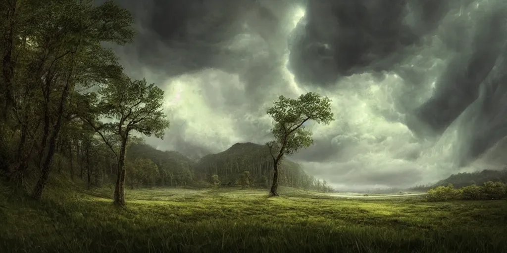 Image similar to A tornado in a beautiful scenic landscape, nature, trees, wide angle, super highly detailed, professional digital painting, artstation, concept art, smooth, sharp focus, no blur, no dof, extreme illustration, Unreal Engine 5, Photorealism, HD quality, 8k resolution, cinema 4d, 3D, beautiful, cinematic, art by artgerm and greg rutkowski and alphonse mucha and loish and WLOP