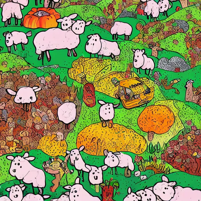 Prompt: a herd of sheep hopping over mountains of gigantic fruit, naivistic art, childrens drawing, story book illustration, expressive, colorful, schizophrenic, paranoid