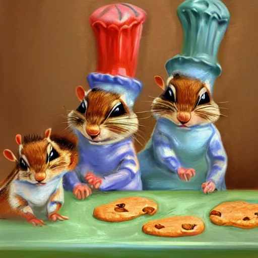 Image similar to ! dream chipmunks in a kitchen baking cookies, vintage kitchen, monet, painting, impressionism, chipmunk animal, baking cookies, colorful, accurate, artstation award, concept art