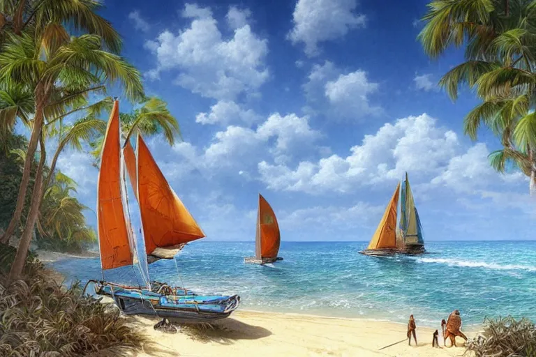 Image similar to ultra realistic illustration,, a beach in tanzania with sailboats in the distance, tropical blue water intricate from baldurs gate, elegant, highly detailed, digital painting, artstation, concept art, smooth, sharp focus, illustration, art by artgerm and greg rutkowski and alphonse mucha