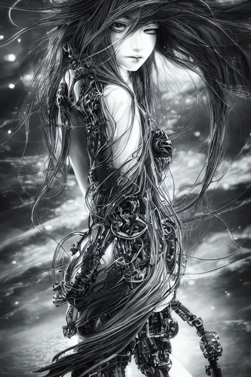 Image similar to a vertical portrait of a character in a scenic environment by Yoshitaka Amano, black and white, dreamy, cybernetic suit, wavy long black hair, highly detailed