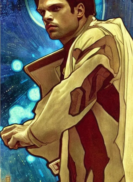 Image similar to sebastian stan as a star trek captain, a still from star trek painted by alphonse mucha. clear highly detailed face, beautiful sci fi art