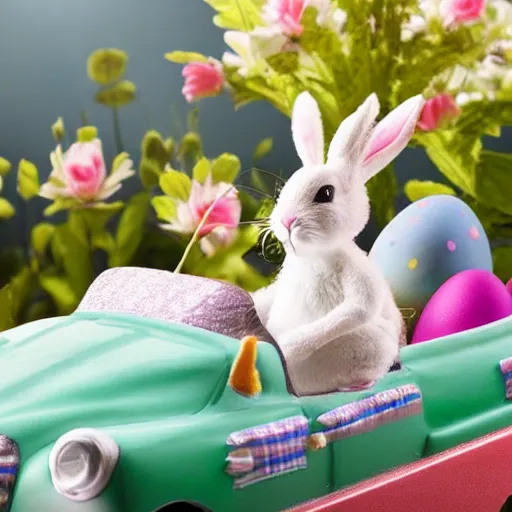 Image similar to easter bunny riding a convertible, studio photo, high quality