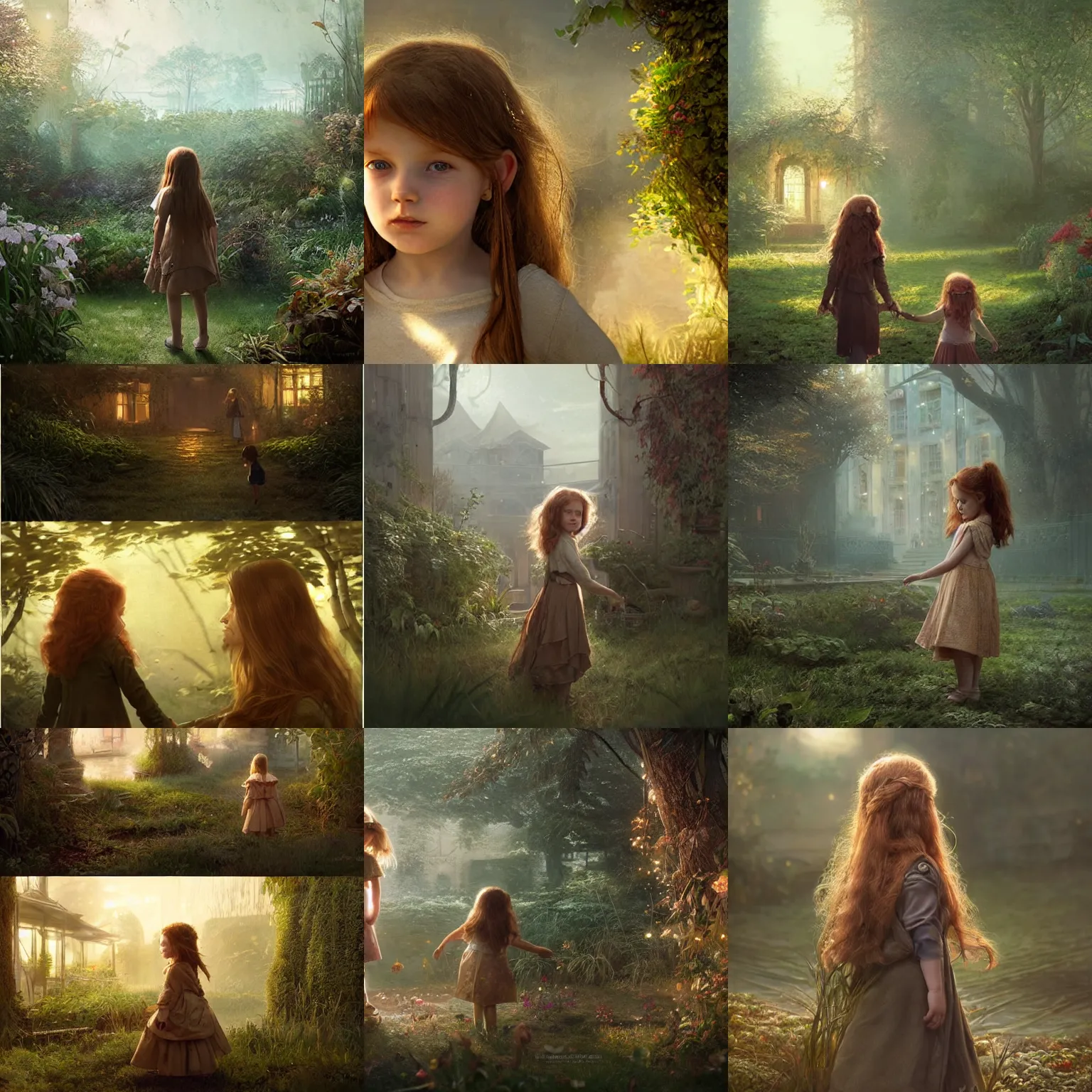 Prompt: 5 year old girl with long ginger hair. 2 year old girl with light brown hair. garden eden. warm atmospheric lighting. matte painting by greg rutkowski.