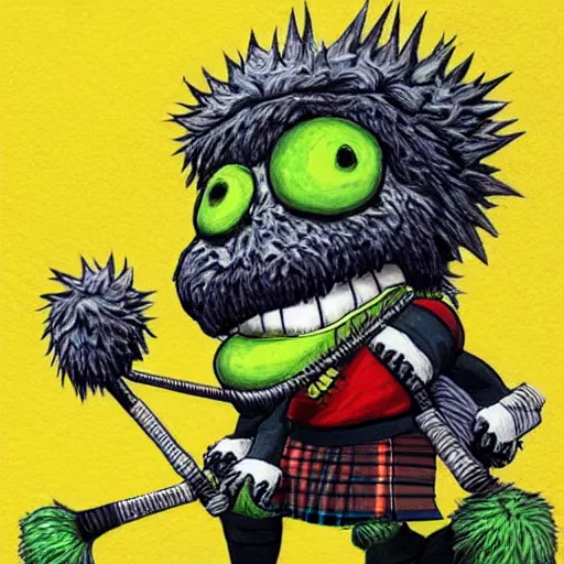 Image similar to a tennis ball monster wearing a scottish kilt, big mustache, scotland, bagpipes, digital art, fantasy, magic, chalk, trending on artstation, ultra detailed, professional illustration by basil gogos