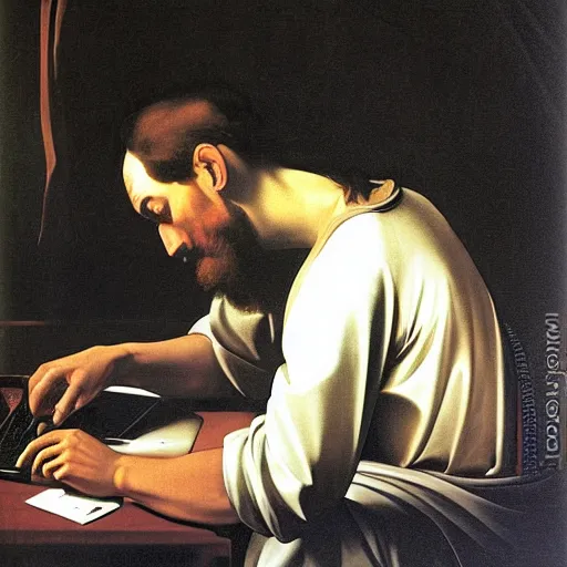 Image similar to man working on his laptop at home wearing pajamas, painting by caravaggio