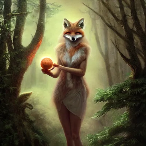 Image similar to an anthromorphic fox as a magic fortune teller holding an orb in an enchanted forest, photorealistic, fantasy art, digital art, by tom bagshaw