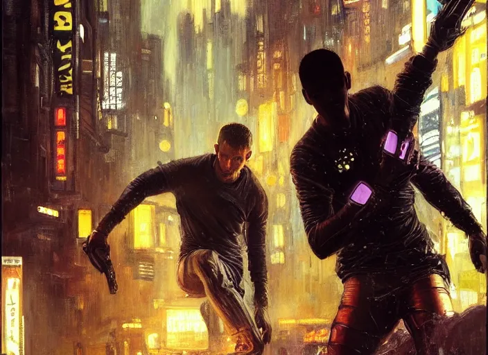 Image similar to blade runner fighting android 🤼 ( blade runner 2 0 4 9, cyberpunk 2 0 7 7 character design ). orientalist portrait by john william waterhouse and james gurney and theodore ralli and nasreddine dinet, oil on canvas. cinematic, hyper realism, realistic proportions, dramatic lighting, high detail 4 k