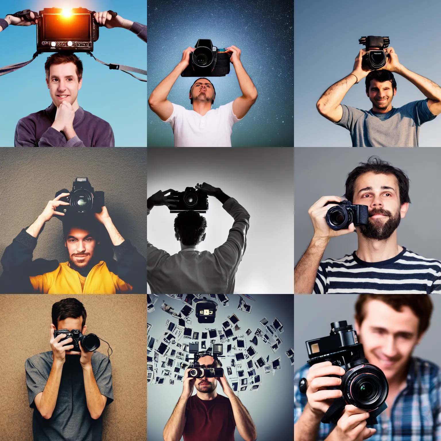 Prompt: Man holding a camera above his head