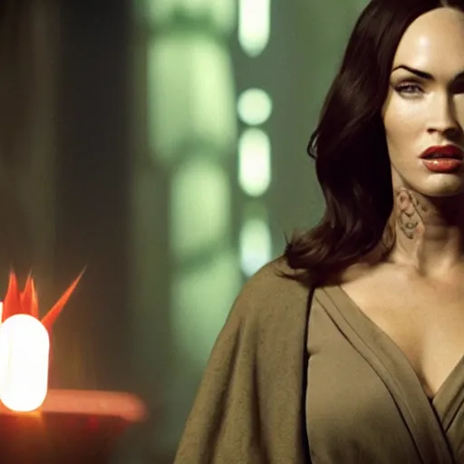 Image similar to Still of Megan Fox on the Jedi Council, Star Wars | Cinematic Lighting, beautiful composition, 8K resolution