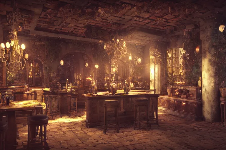 Image similar to inside a a lush tavern found in italy, artgerm, yoshitaka amano, gothic interior, 8 k, octane render, unreal engine