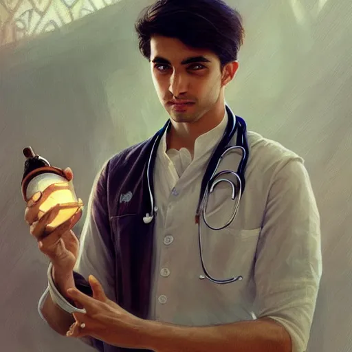 Image similar to Anxious good looking pale young Indian doctors wearing American clothes at the airport, portrait, elegant, intricate, digital painting, artstation, concept art, smooth, sharp focus, illustration, art by artgerm and greg rutkowski and alphonse mucha