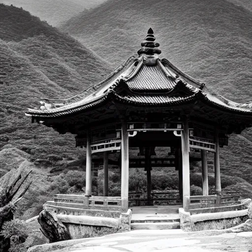 Prompt: little pavilion in the mountain, black and white, by lang jingshan,