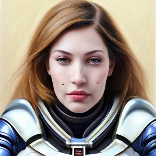 Image similar to portrait of very beautiful woman with a large obvious scar across her cheek and lips, very very beautiful, wearing futurist spacesuit space armor, Alexandria's genesis, chin-length hair, bored, illustration, soft lighting, soft details, hyper realism, high detailed, painting oil on canvas by mark arian by artgerm, trending on artstation, 4k, 8k, HD