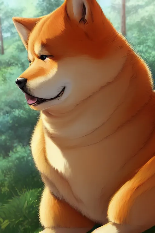 Image similar to portrait of fat shiba inu, fursona, anthro, male, bushy yellow eyebrows, detailed golden tan fur, anime key visual, concept art, digital painting, makoto shinkai