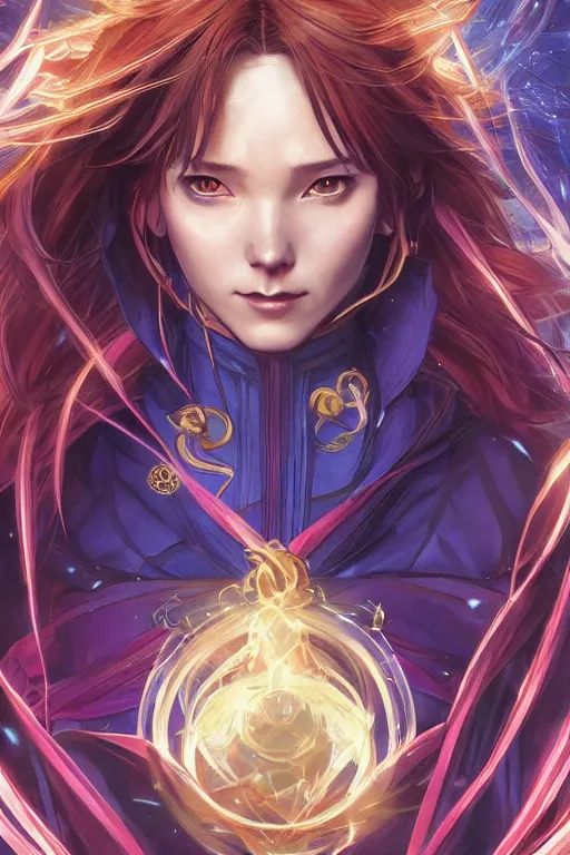 Image similar to anime key visual of a beautiful young female doctor strange, marvel comics, spells, magic, intricate, magical village, stunning, highly detailed, digital painting, artstation, smooth, hard focus, illustration, art by artgerm and greg rutkowski and alphonse mucha