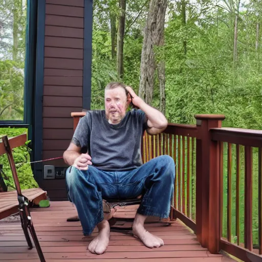 Image similar to a photograph of an ordinary man hanging out on his deck, looking scared to be