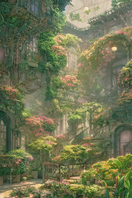 Image similar to a beautiful hyperdetailed illustration of absolutely beautiful blooming flower house alone, perfectly shaded, atmospheric lighting, style of studio ghibli, makoto shinkai, raphael lacoste, louis comfort tiffany, artgerm, james jean, victo ngai, ross tran, chinese style