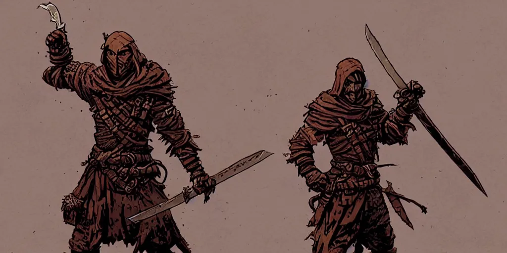 Image similar to warrior character, idle pose, sword, sprite, darkest dungeon, pc game, sideview, art by moebius and greg rutkowski.