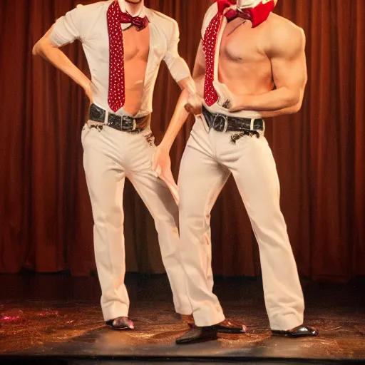 Image similar to Chip and Dale as Chippendale dancers, extremely detailed, 8k resolution, exciting stage lighting, theatrical fog