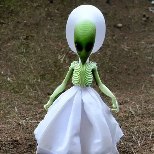 Prompt: an alien wearing a white belle rina frock