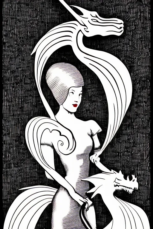 Prompt: art deco woman killing a dragon art by james o barr and albrecht durer, surreal woodblock print, black and white, vector, vector art