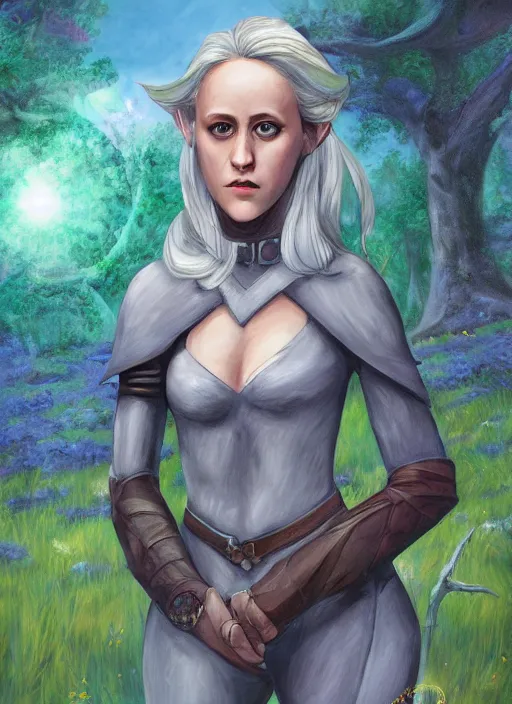 Image similar to A fantasy comic book roleplaying game style portrait painting of Maika Monroe as a grey elf in a mountain meadow sanctuary, DAZ, hyperrealistic, ambient light, dynamic light