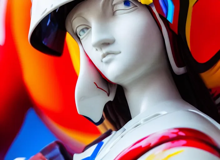 Prompt: medium close up portrait of extremely beautiful photo of a white marble statue of an anime girl with colorful motocross logos and motorcycle helmet with closed visor, colorful smoke in the background, carved marble statue, fine art, neon genesis evangelion, virgil abloh, offwhite, denoise, highly detailed, 8 k, hyperreal