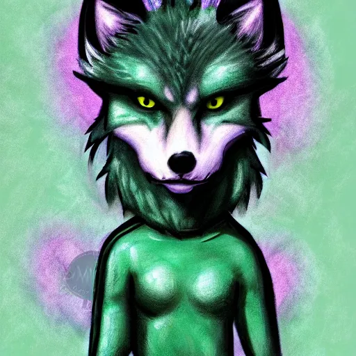 Image similar to Beautiful digital painting of an anthro anthropomorphic pastel-green wolf, Punk outfit.comic book, inked, cute, cozy