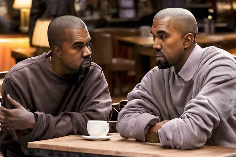 Image similar to Kanye West and Kim Kardashian (2018) are best friends, drinking coffee at central perk, still photo, hyperrealistic, highly detailed, 35mm, 8k, by weta digital